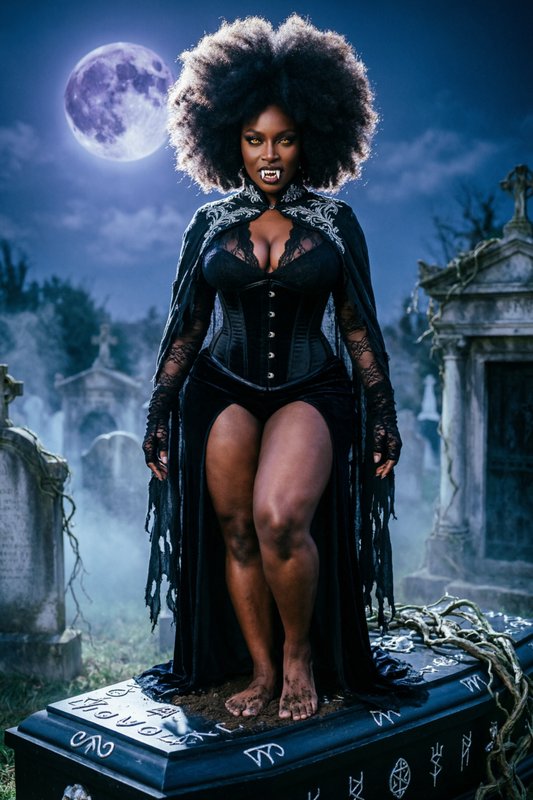 **Prompt:**  

**Subject:** A striking Afro-Gothic vampire queen, exuding dark elegance and primal allure, standing barefoot atop an ancient obsidian coffin under a blood moon.  

**Composition:**  
- **Central Figure:** A statuesque Black woman with voluminous, textured natural afro (tight coils, high volume, halo-like silhouette).  
- **Face:** Sharp, elongated vampiric fangs glinting under moonlight; intense golden-amber eyes with slit pupils, radiating hypnotic dominance.  
- **Body:** Full, round bust draped in sheer black lace; cinched corset emphasizing a defined waist and soft, curvy belly; hips wide and voluptuous, tapering into thick, muscular thighs.  
- **Attire:** Gothic regalia—tattered high-necked cape with silver embroidery, plunging velvet bodice, fingerless lace gloves. Skirt slit reveals bare legs and bare feet, soles dusted with grave soil.  

**Environment:**  
- **Background:** Mist-choked graveyard, crumbling mausoleums under a luminous indigo moon (hex: #4B0082).  
- **Foreground:** Coffin adorned with silver sigils; skeletal vines creeping over its surface.  
- **Lighting:** Dramatic chiaroscuro—cold moonlight (hex: #B0E0E6) casts sharp shadows, accentuating her curves and afro’s silhouette.  

**Details:**  
- **Textures:** Afro’s frizz reflects light like crushed