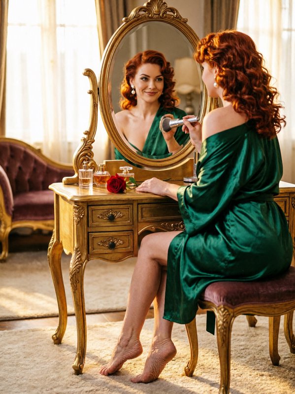 Woman with red hair in green satin robe sits at gold ornate vanity applying makeup, reflected in ...