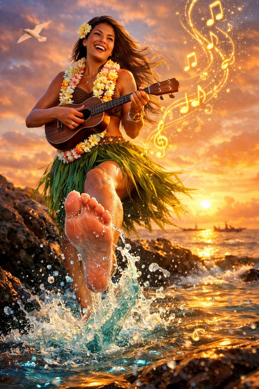 Woman playing ukulele on a rocky beach at sunset, wearing a lei and grass skirt, kicking water.