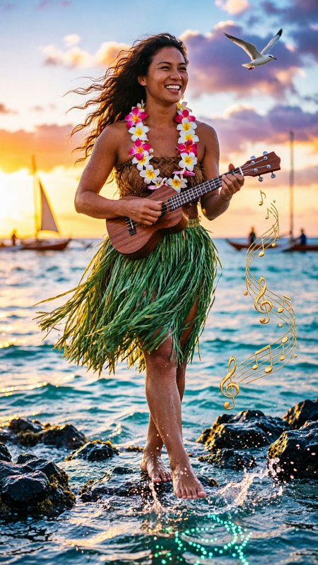 Woman in a grass skirt and lei plays a ukulele on a rocky tropical beach at sunset.