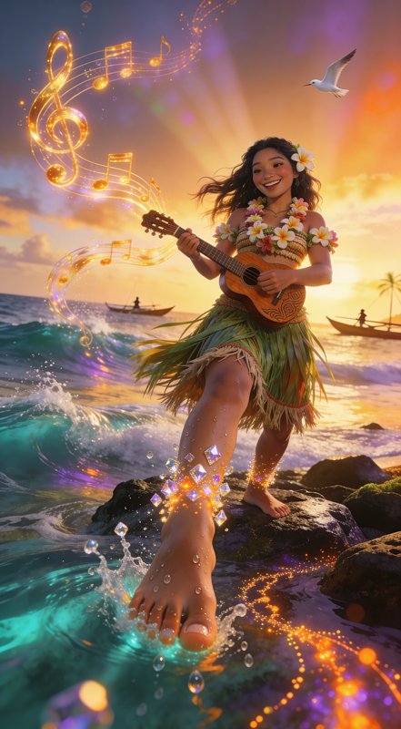 Hawaiian hula dancer in a grass skirt and lei plays ukulele on rocky shore at sunset with glowing...