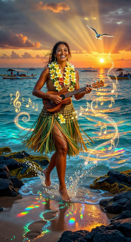 A smiling Hawaii dancer in a grass skirt and lei plays a ukulele at sunset on a rocky beach.