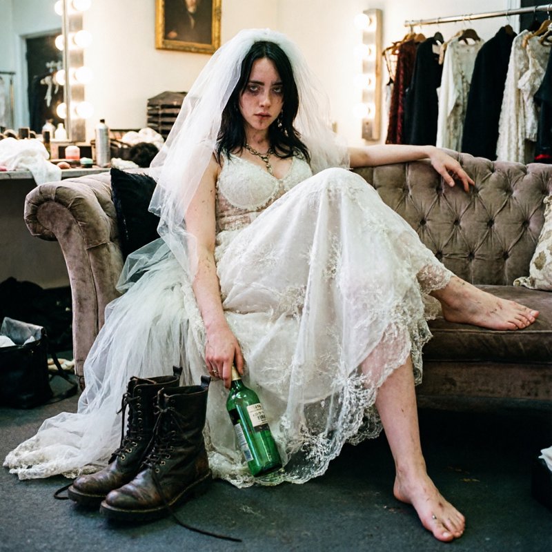 Bride in lace wedding gown and veil sits barefoot on a tufted sofa in a backstage dressing room, ...
