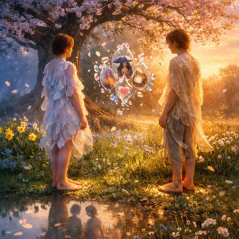 Two barefoot children in translucent, ethereal gowns stand in a sunlit meadow with floating cryst...