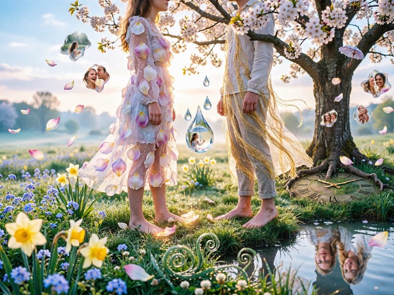 Two children in pastel dresses stand by a blossoming tree in a dreamy spring meadow with petals, ...