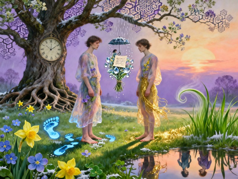 Two ethereal figures in translucent dresses stand in a dreamlike garden with a clock-tree and pas...