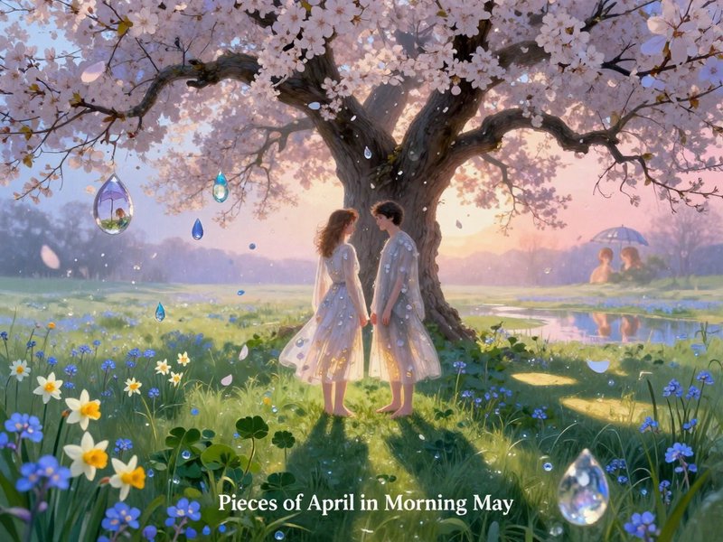 A romantic couple stands hand in hand beneath a blooming cherry tree in a sunlit spring meadow.