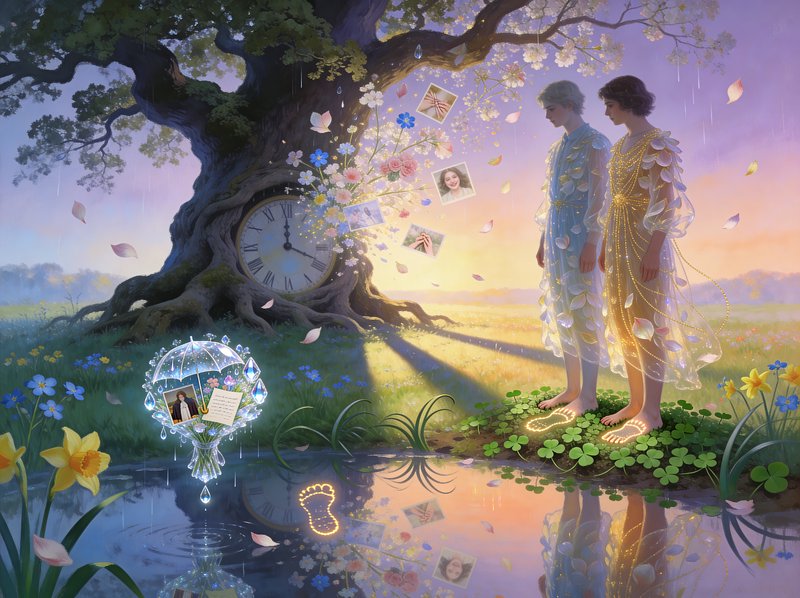 Fantasy scene of a giant clock-trees with two ethereal figures by a pond.