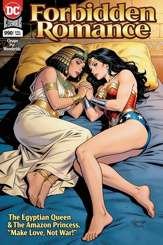 Comic cover featuring two women in ancient Egyptian and Amazonian outfits cuddling on a bed.