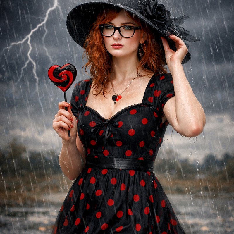 Woman in a black polka-dot dress and wide-brim hat stands in the rain holding a red heart lollipop.