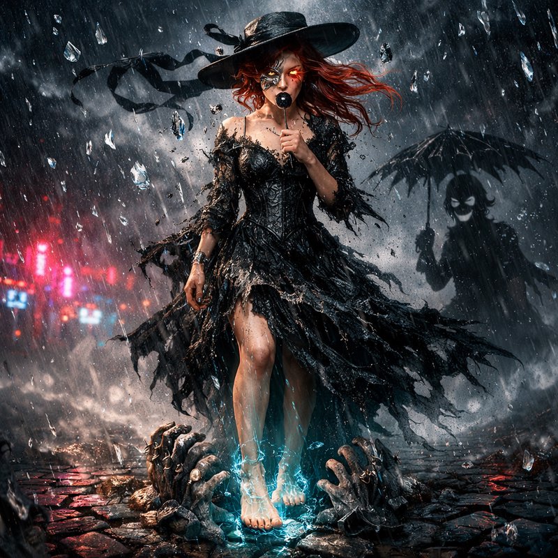 Gothic witch in a torn black dress and wide hat stands on cobblestones, glowing blue energy at he...