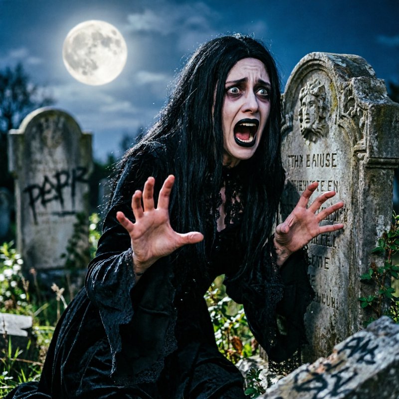 Woman in a black dress screams in a moonlit graveyard among old tombstones.
