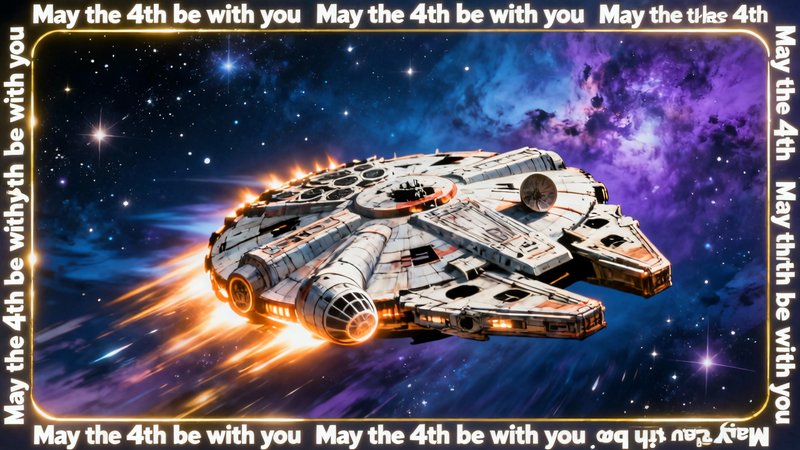Millennium Falcon soaring through a colorful starfield with fiery engine glow and a "May the 4th"...