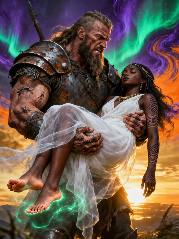 Muscular armored warrior carries a woman in a white dress against a vibrant aurora sunset.