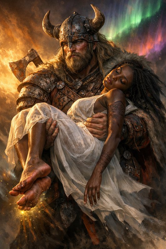 Viking warrior with horned helmet carries a woman in white armor against a fiery, aurora-lit back...