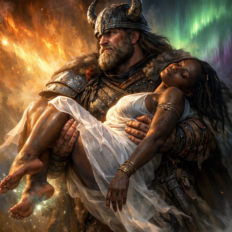 Armor-clad Viking guardian carrying a woman in a white dress amid fiery and aurora-lit backdrop.