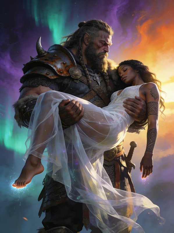 Strong armored warrior carries a woman in a white gown beneath a colorful aurora.