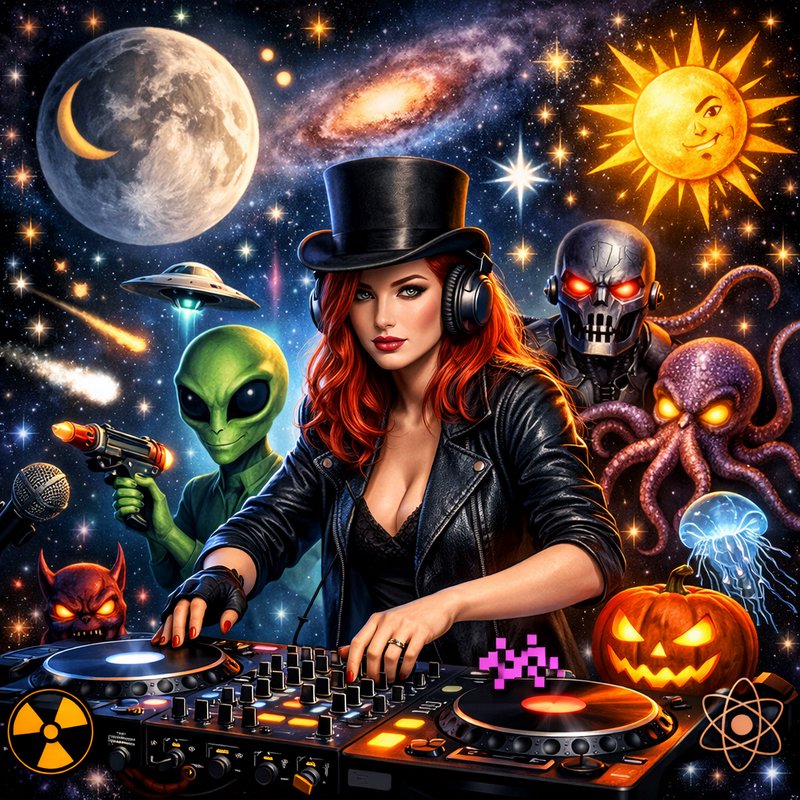 DJ woman with red hair spinning records in space among aliens and monsters.