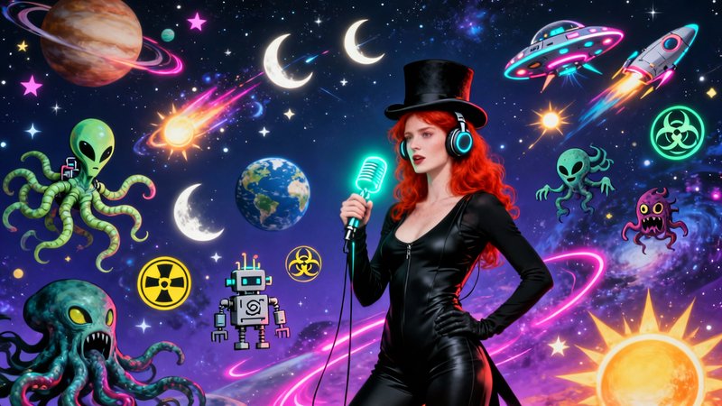 Pop sci-fi singer in a black latex outfit and top hat performing on a neon cosmic stage with alie...