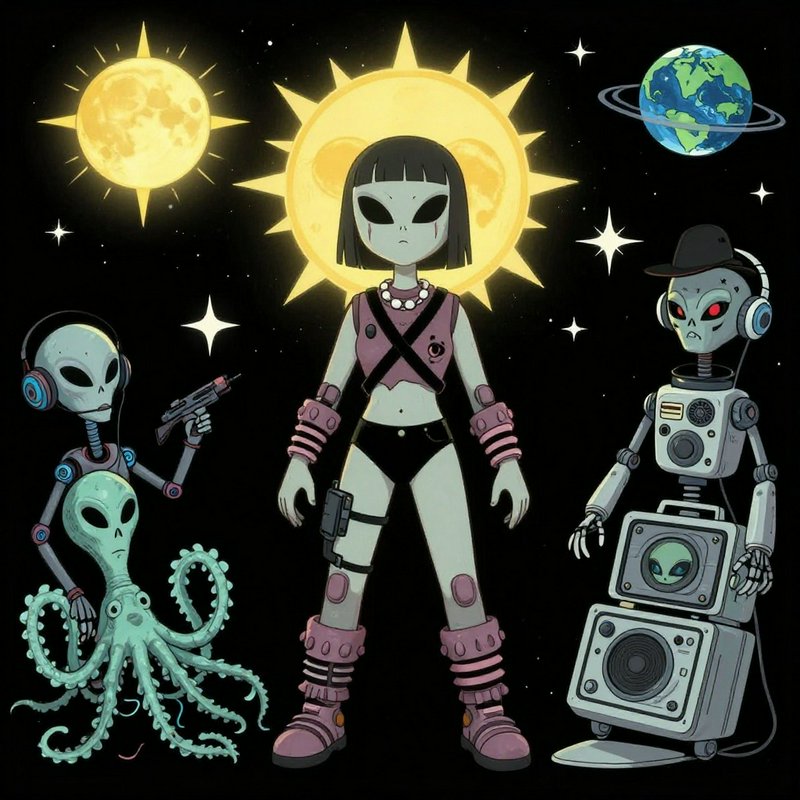 Girl in futuristic armor with alien beings and a robot in a space scene with sun and planets