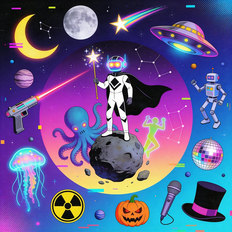 Cartoon space scene with an astronaut on a rocky planet among robots, a UFO, octopus, laser gun, ...