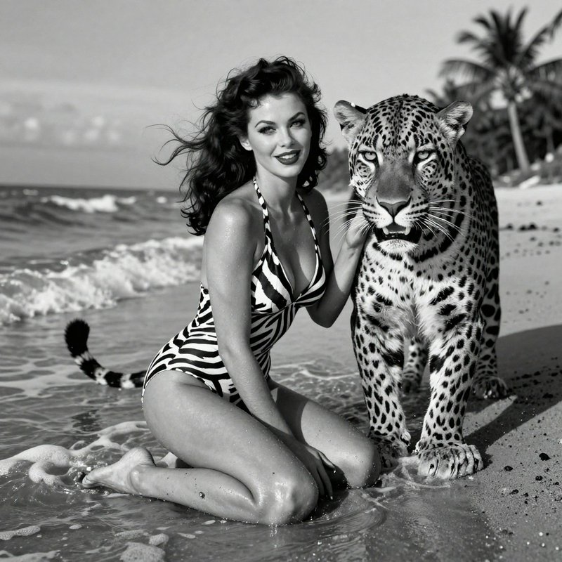 Woman in a zebra-print swimsuit kneels on the beach beside a leopard in black-and-white photography.