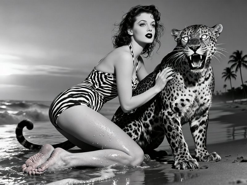 Woman in a zebra-patterned swimsuit kneels on the beach beside a roaring leopard in black-and-white.