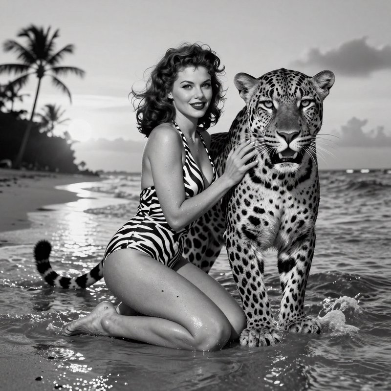 Woman in a zebra-print swimsuit kneels in shallow surf beside a leopard on a tropical beach (blac...