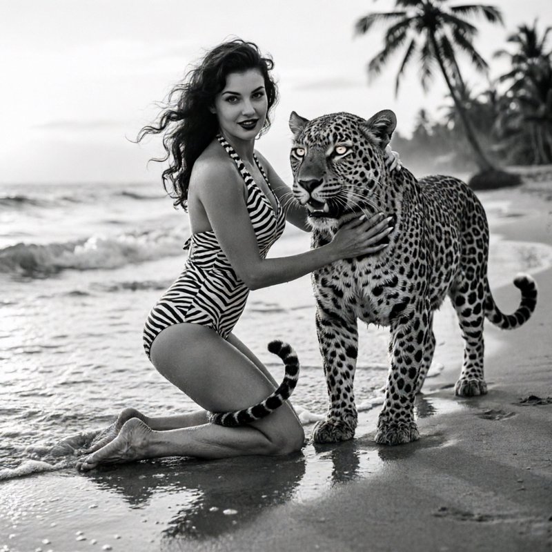 Woman in a striped swimsuit kneels on the beach, touching a leopard beside her; black-and-white w...