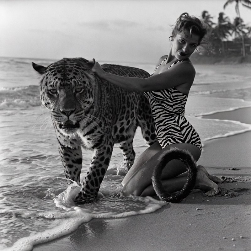 **Prompt:**  

**Subject:**  
1950s pin-up model (resembling Bettie Page) kneeling in shallow ocean surf, wearing a form-fitting one-piece zebra-print bathing suit with high-cut legs and halter neckline. She is barefoot, her soles visibly wrinkled and glistening from the saltwater, toes slightly curled into wet sand as gentle waves lap around her. A massive, majestic leopard crouches beside her, its muscular body sleek with moisture, jaws slightly parted in a silent, protective roar. The model gazes at the viewer with a sultry, knowing smile as her fingers sink into the leopard's damp fur, contrasting textures of smooth feline coat against her manicured nails.  

**Setting:**  
Dusk at a deserted tropical beach, soft golden light casting long shadows, foamy surf dissolving into mist around them. Distant palm trees sway in a salty breeze. The shoreline reflects faint ripples, blending the boundaries between wet sand and ocean.  

**Styling:**  
Black & white high-contrast photography (1950s aesthetic), mimicking vintage gelatin silver prints with rich tonal depth. Soft focus on the background, razor-sharp detail on the model and leopard (individual fur strands, water droplets on skin, fabric wrinkles). Subtle graininess for authenticity.  

**Composition:**  
Low-angle shot emphasizing the model's curves and the leopard's dominance. Asymmetrical balance—her body leans slightly toward the beast, creating tension. The leopard's tail curls around her calf possessively.  

**Lighting:**  
Dramatic chiaroscuro with directional light from the left, highlighting the sheen on her suit and the leopard’s wet fur. Deep shadows accentuate muscle definition (human and animal).  

**Nuanced Elements:**  
- Micro-details: Sand granules stuck to her soles, leopard’s whiskers twitching.  
- Movement implied: Her hair tousled by wind, waves receding around her knees.  
- Surreal touch: The leopard’s eyes glow faintly, matching her dark lipstick.  

**Keywords (prioritized):**  
barefoot, soles, wrinkled feet, wet fur, zebra print, retro pin-up, roaring leopard, vintage aesthetic, ocean surf, high contrast, tactile textures, dominance, protection, surreal elegance  

**Formatting for AI:**  
"1950s black & white pin-up, Bettie Page-style model kneeling barefoot in surf, wrinkled soles pressed into wet sand, wearing zebra-print one-piece swimsuit, stroking a massive roaring leopard beside her, fur glistening with water droplets, dusk lighting, high-contrast vintage photo, detailed textures (skin/fabric/fur), surreal yet realistic, cinematic composition, [keywords...]"  

**Mood:**  
Playfully dangerous, effortlessly sensual, timelessly wild.n.