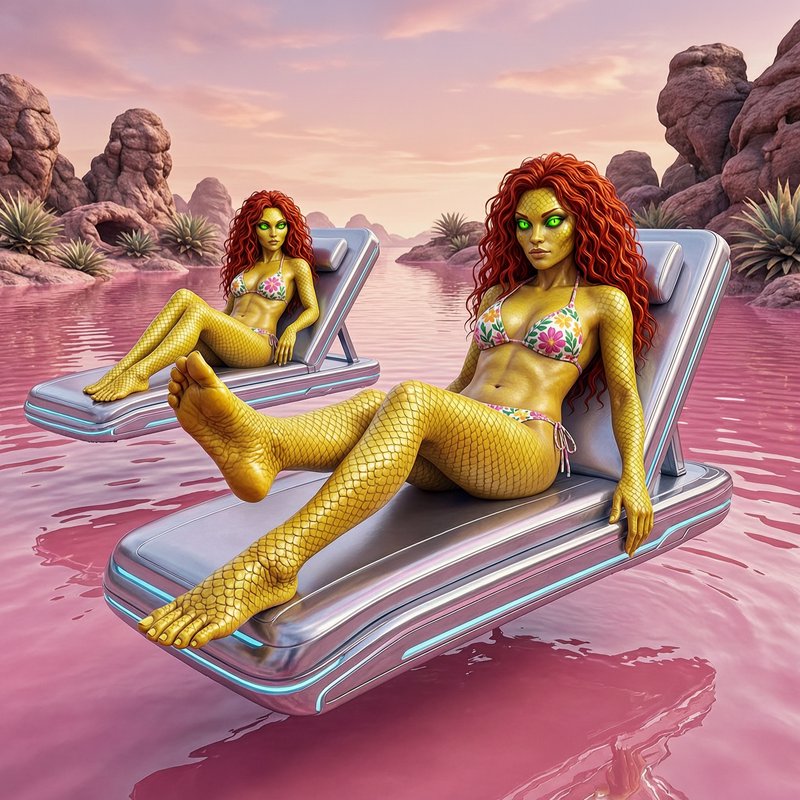 Two yellow-scaled mermaid-like women with red hair lounging on futuristic pink water loungers.