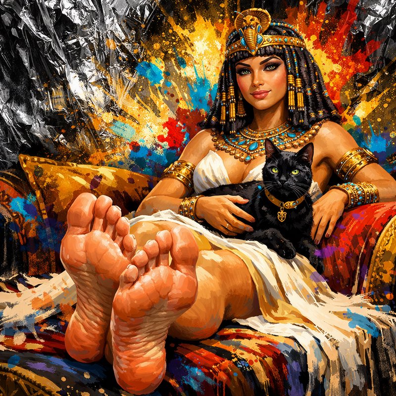 Illustrated woman in ancient Egyptian attire with a black cat on a vibrant, paint-splattered couch.