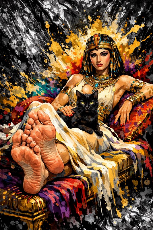 Egyptian-inspired woman in regal attire with a black cat on her lap, barefoot on a colorful thron...