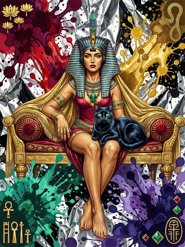 Cleopatra-inspired queen on an ornate throne with a black cat, set against colorful abstract spla...