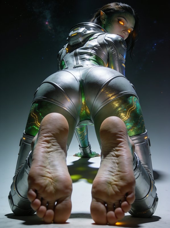 Low angle view of fantasy alien elf astronaut kneeling, looking back at camera with glowing orang...