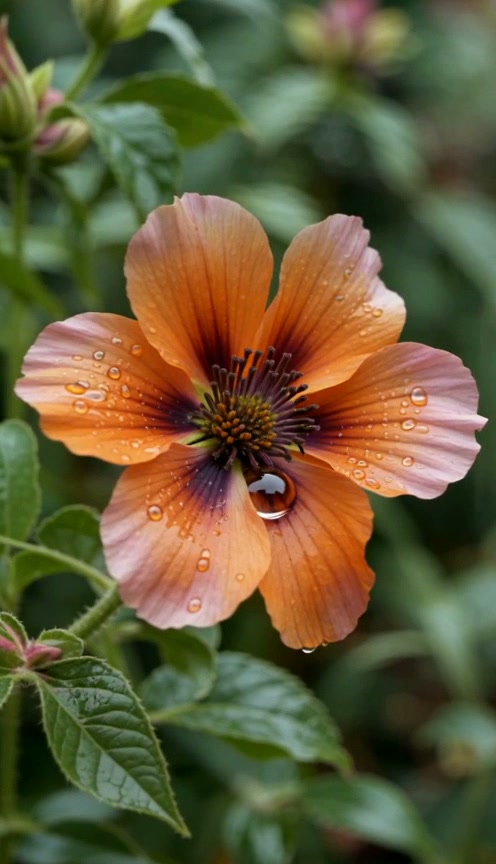 Orange poppy with water droplets on petals in a green garden.