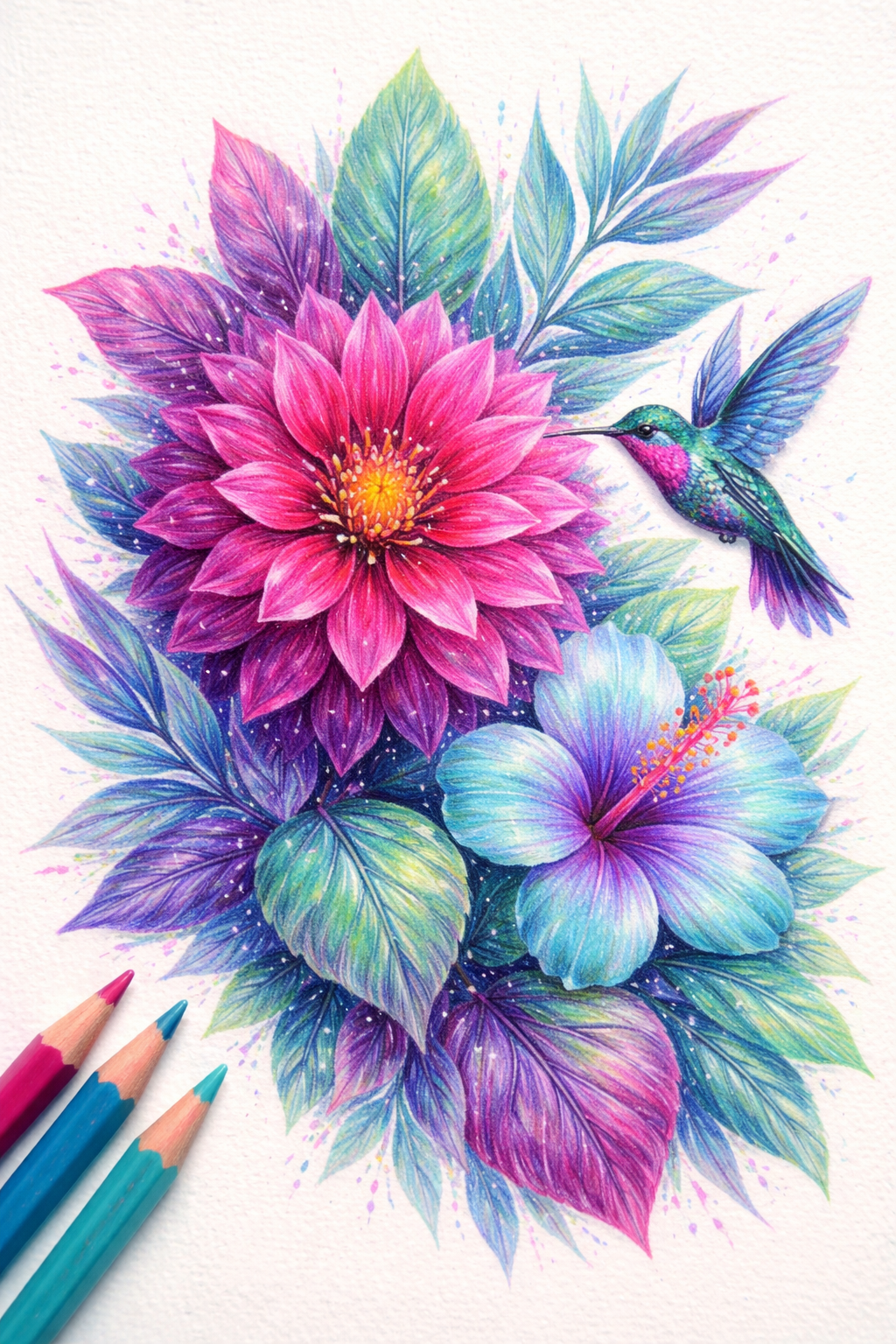 Vibrant watercolor bouquet with purple-pink flower, blue hibiscus, green leaves and a hummingbird.