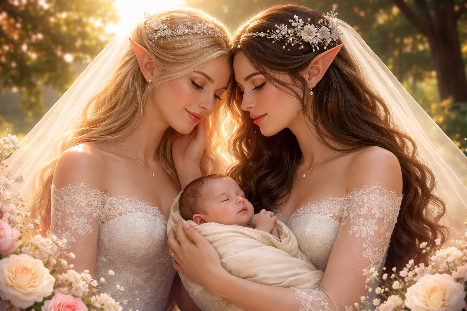 Two brides in lace wedding gowns with floral headpieces cradle a sleeping baby in golden-hour light.