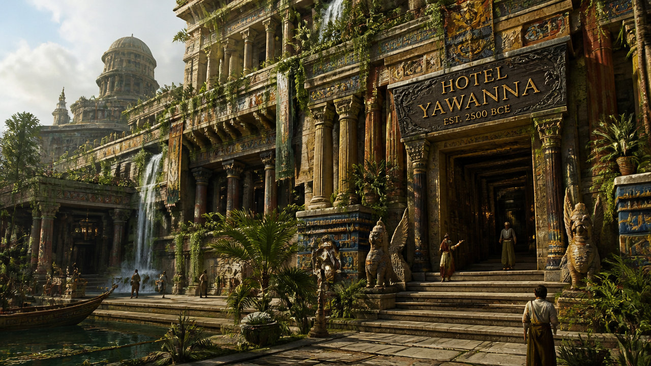 Ancient, overgrown hotel façade with waterfalls, carved columns, and lush jungle plants.
