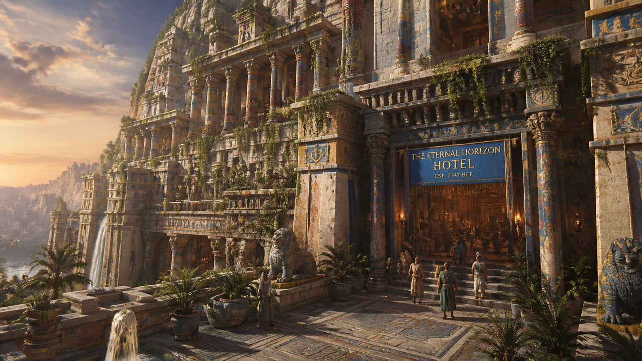 Cliffside ancient ruin hotel entrance with vines, statues, and palm plants at sunset.