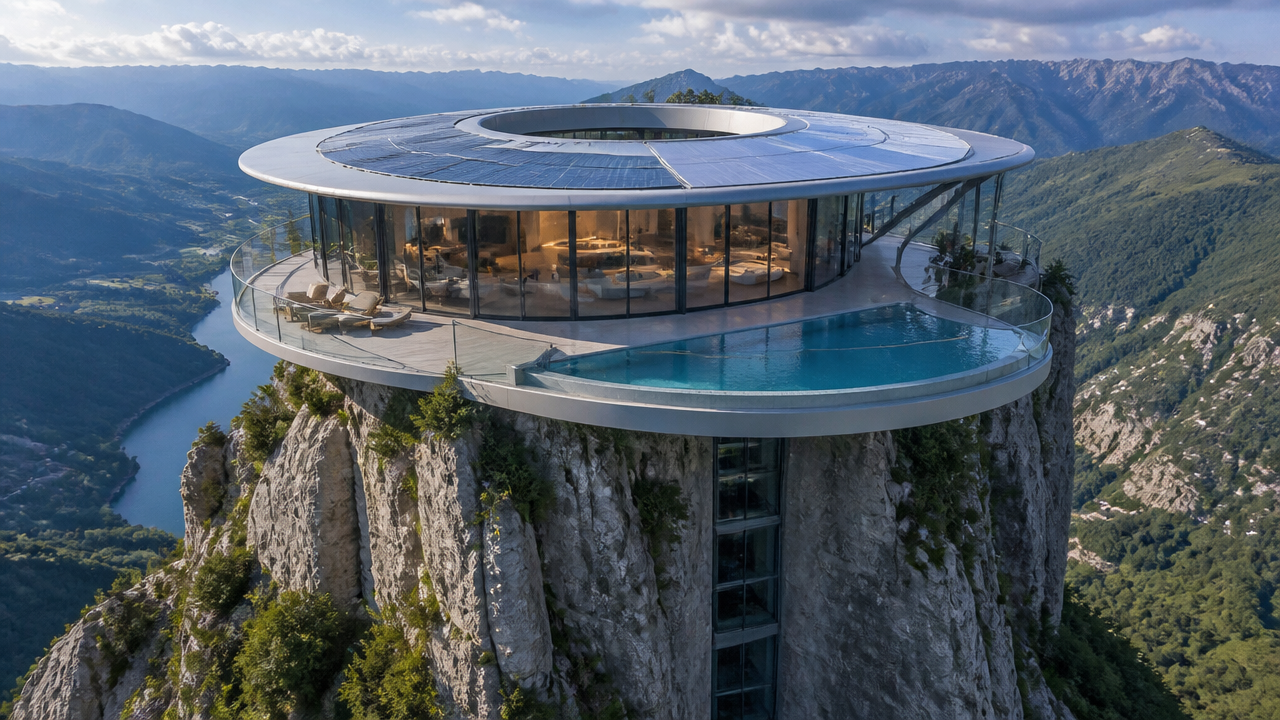 Circular glass-walled hotel perched on a cliff with an outdoor pool and mountain views.