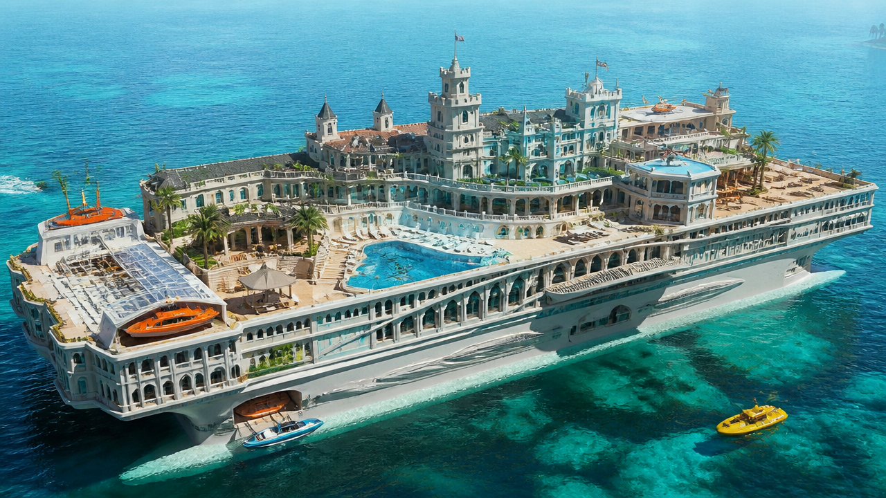 Luxury castle-inspired floating resort yacht with a central pool cruising on turquoise sea.
