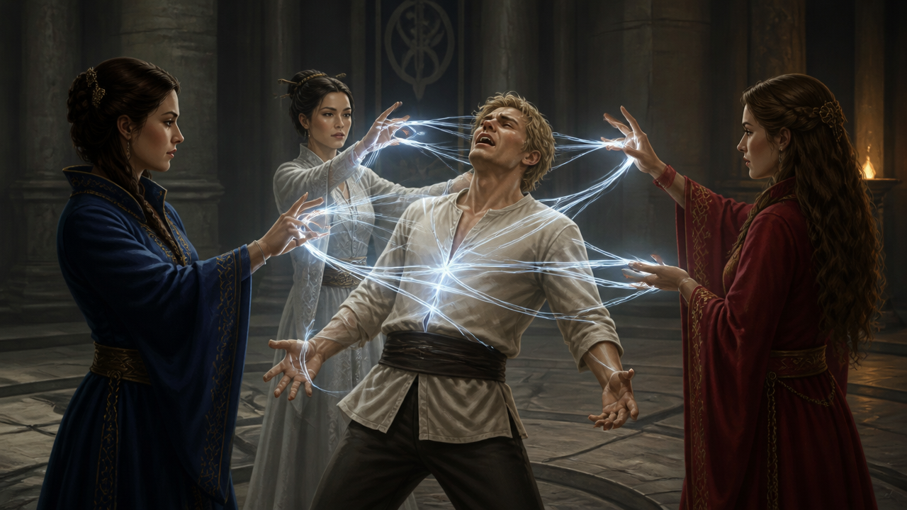 Male protagonist surrounded by four women releasing glowing magical threads in a dark temple.