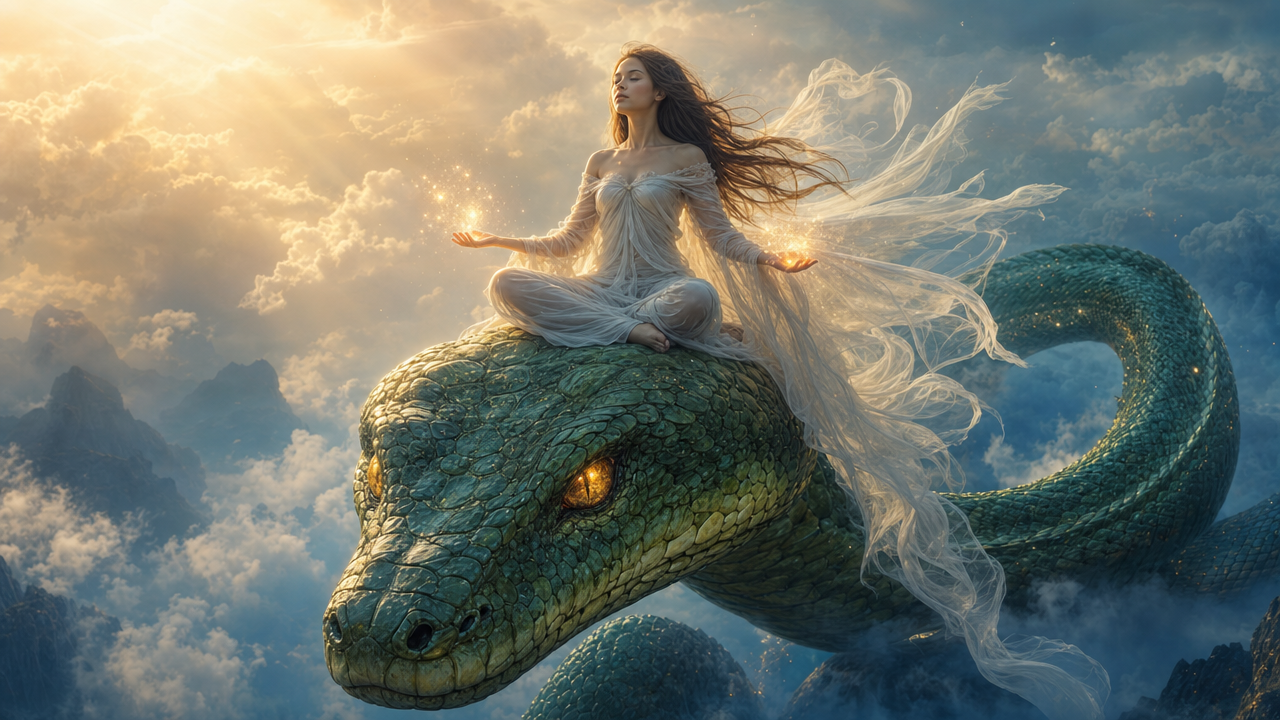 Woman meditating atop a green dragon's head in a luminous fantasy sky