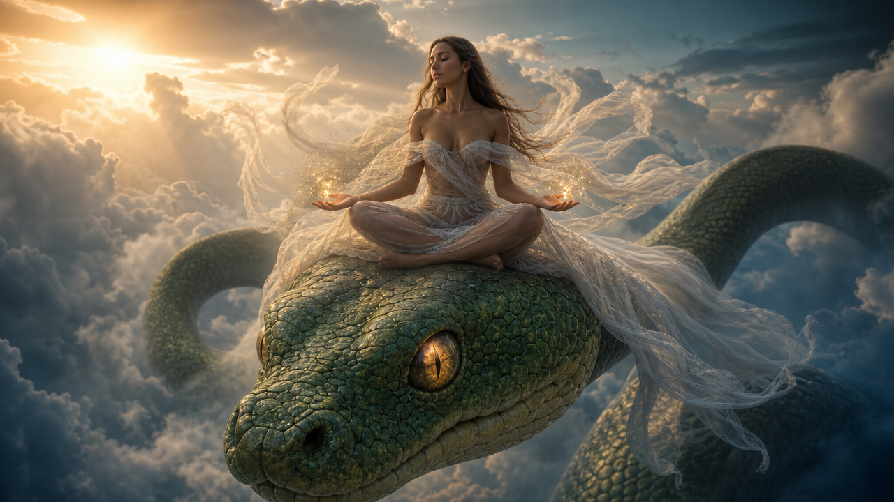 Fantasy scene of a woman in a flowing gown meditating atop a green dragon-serpent in the clouds at sunset.
