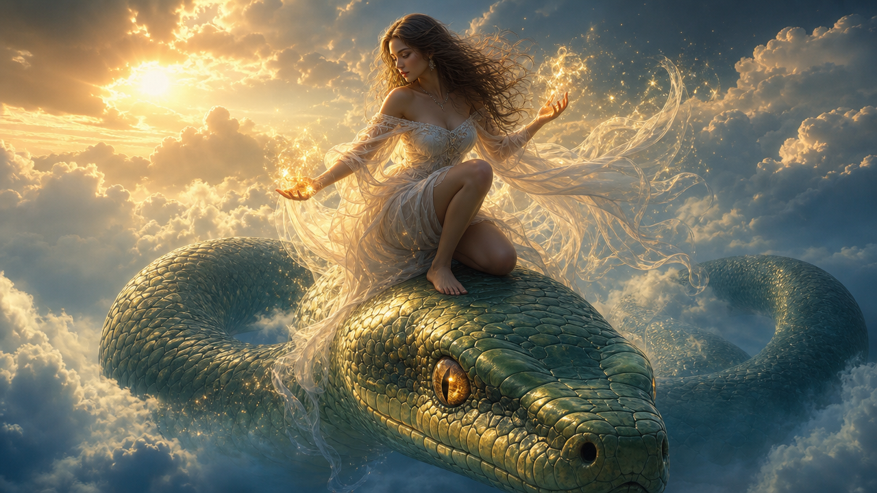 Woman in a flowing gown rides a giant green serpent through golden clouds at sunset.