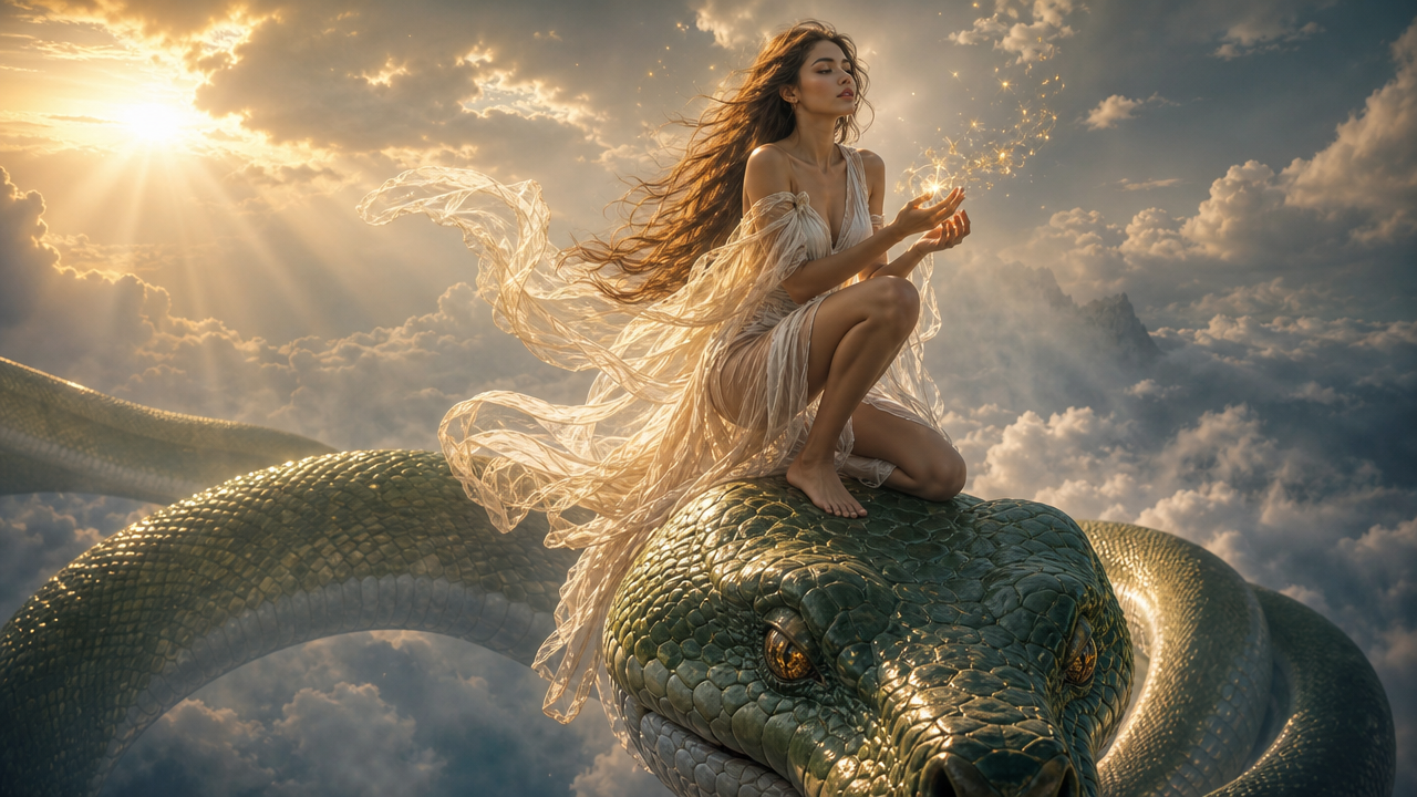 Woman in a flowing white dress rides a colossal green dragon through sunlit, cloudy skies.