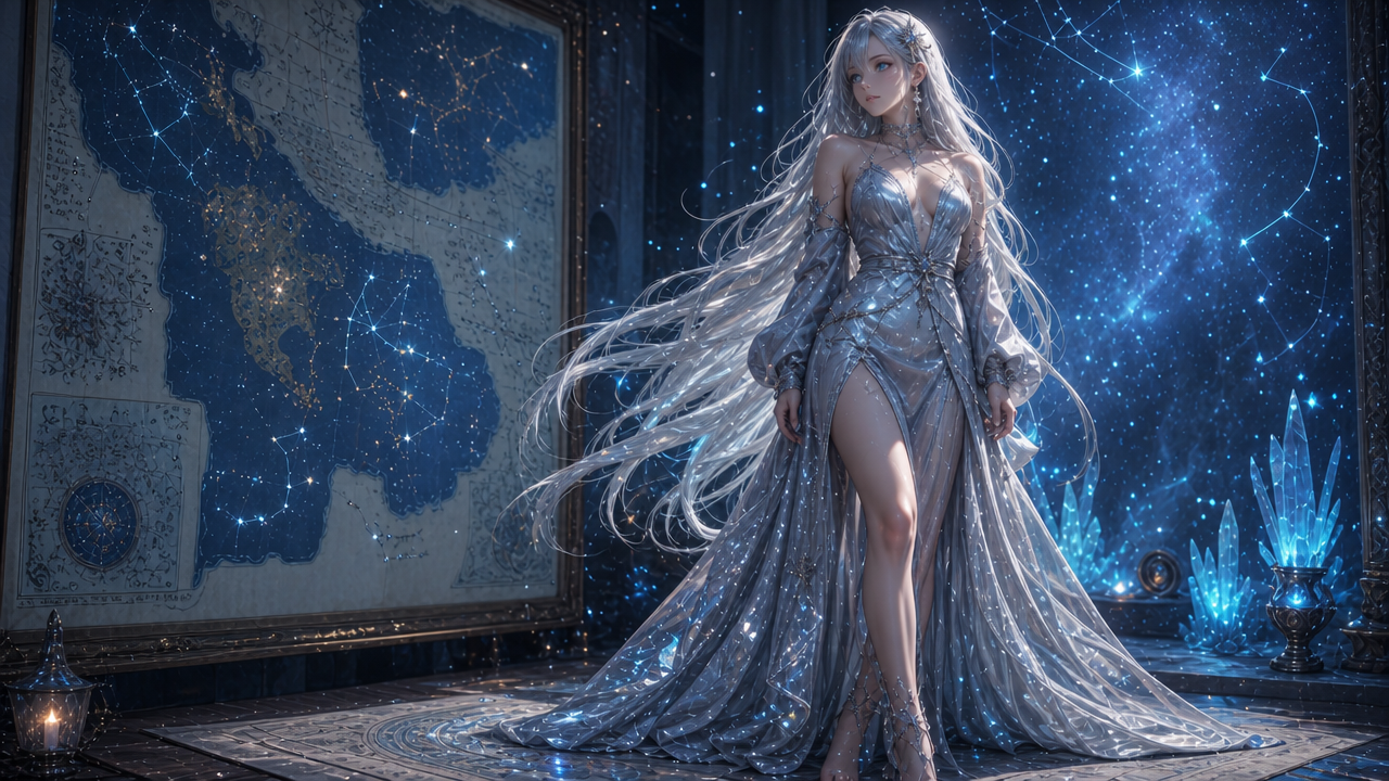 Ethereal woman in a shimmering silver-blue gown with flowing white hair in a starry, crystal-lit room.