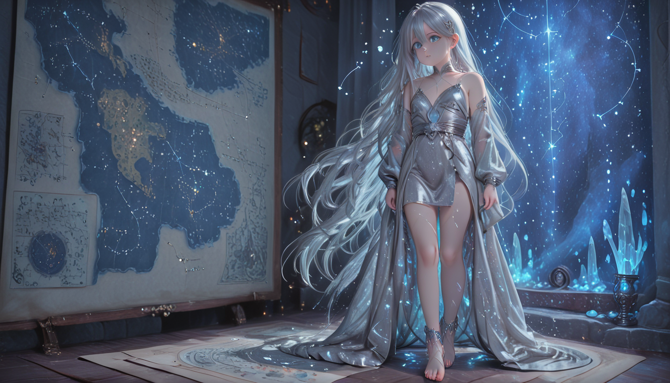 Anime-style silver-haired girl in a shimmering silver dress stands in a mystical icy chamber.