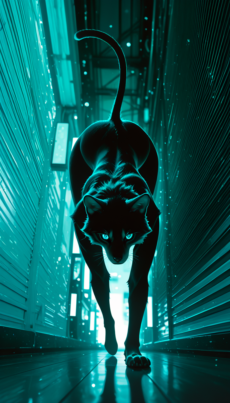 Black cat walking in a neon cyan-lit corridor between shelves, a cyberpunk scene.
